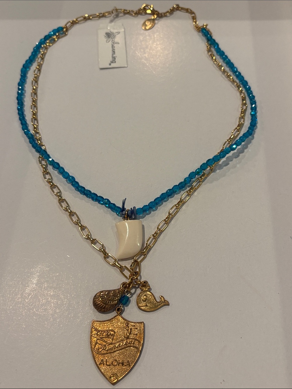 Bee Charming Gold & Turquoise Layered Charm Necklace with White Pendant NWT